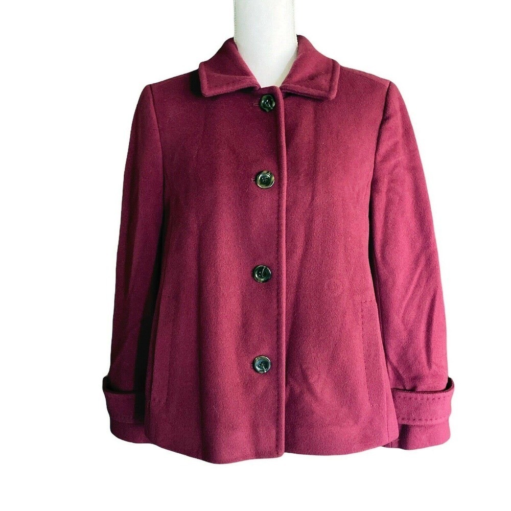 Lands End Swing Pea Coat Overcoat Sz 8P Wool Cashmere Blend Wine Red